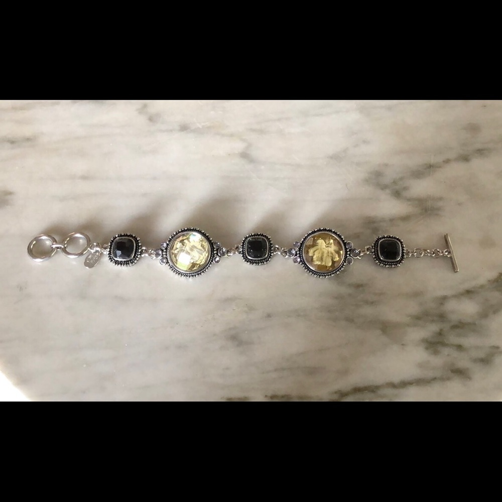 Silver-tone and bezeled-glass bracelet, intricate rose and medallion designs